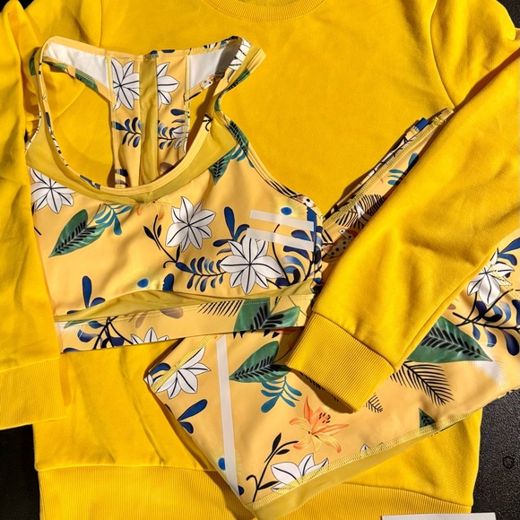 Zyia Active Other - Floral Yellow Sports Bra, Leggings, & Crew Sweatshirt